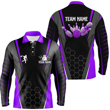 Load image into Gallery viewer, Black Men's Bowling polo Shirt Custom Name mens Bowlers Jersey, team bowling outfits | Purple NQS6132