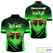 Load image into Gallery viewer, Bowling Beer Black and Green Bowling Polo, 1/4 Quarter zip shirts Custom Mens Team Bowling jerseys NQS10874