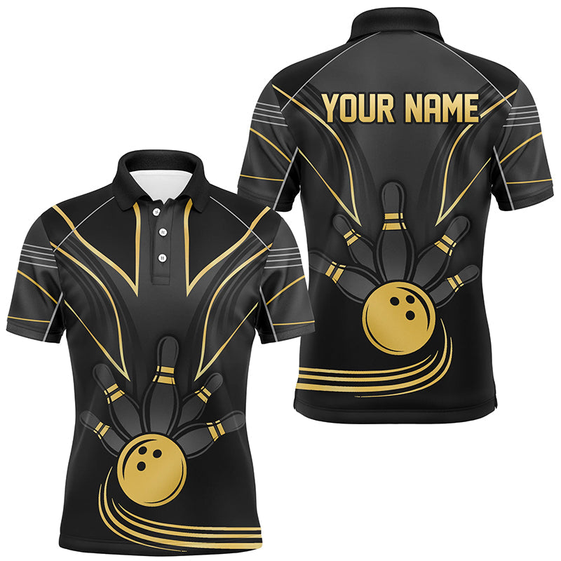 Personalized Men Bowling Polo, Quarter Zip Shirt Black and Gold Men Bowlers Custom Team Bowling Jersey NQS8313