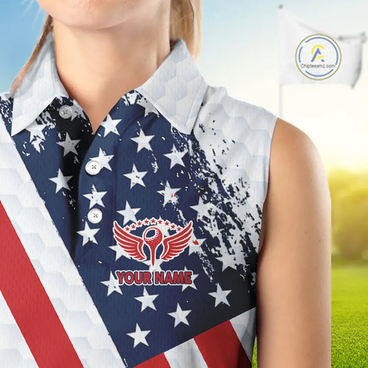 Red, white & blue American Flag Womens Sleeveless polo shirts Custom patriotic golf outfit for ladies NQS11291