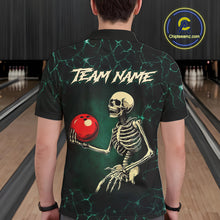 Load image into Gallery viewer, Black and Green Lightning Skull Bowling Polo, Quarter zip shirts For Men Custom Bowling Team Outfit NQS10921
