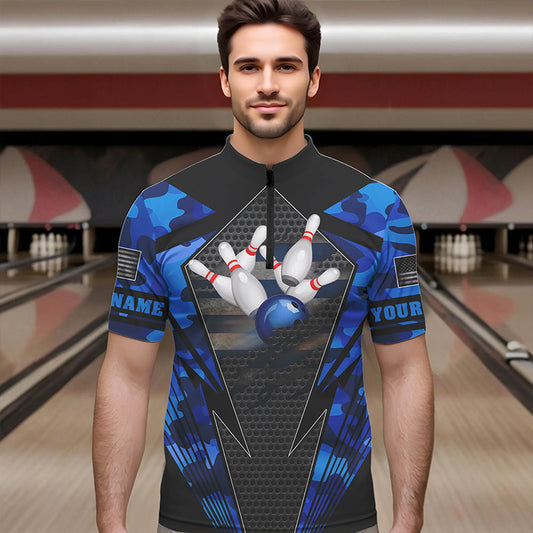 Blue Camo Bowling Polo, Quarter Zip Shirt For Men Custom Bowling Team League Jerseys NQS9733