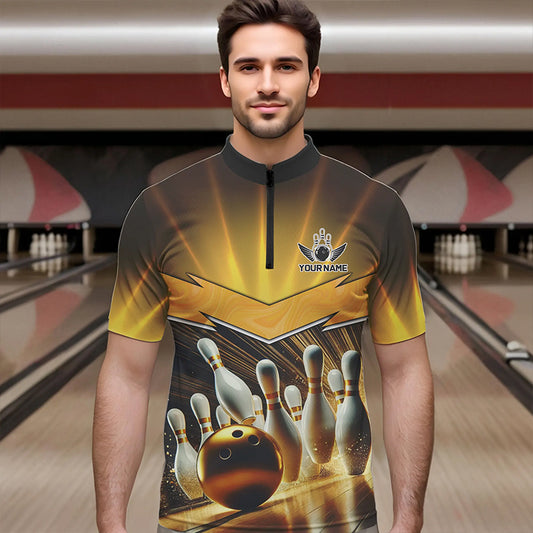 Custom Name Black And Gold Bowling Jerseys For Men, Bowling Team Polo, Quarter-Zip Shirts NQS9745