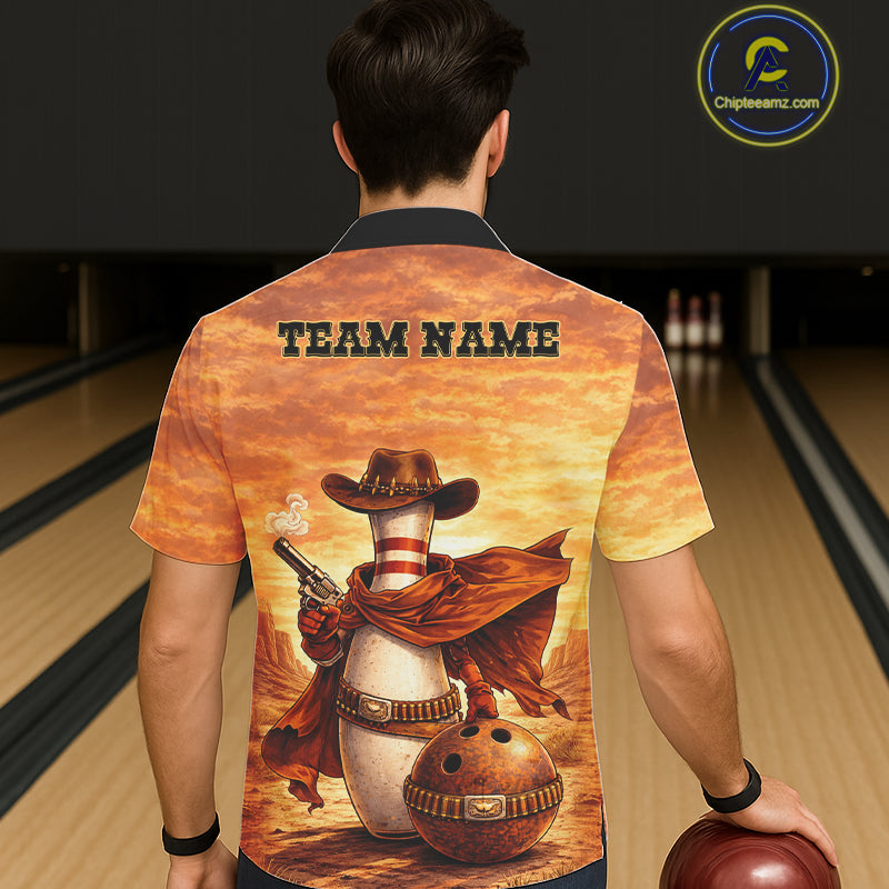 Custom Funny Desert Bowling Cowboy gun bowling team button up shirts, Bowling Hawaiian jerseys NQS11536