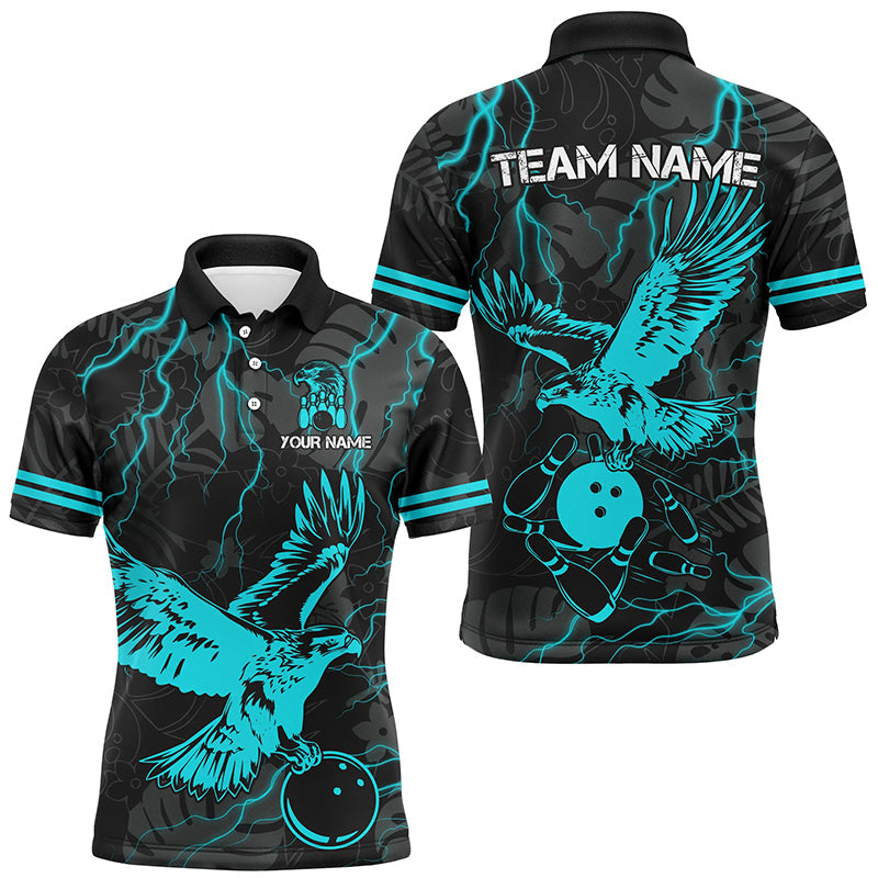 Black tropical Cyan Blue Eagle Bowling Polo, 1/4 Zip Shirts For Men, cool bowling team jerseys NQS8360