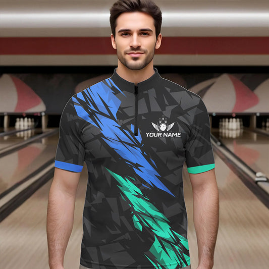 Personalized Black, Blue and Turquoise Camo Bowling Shirt For Men Custom Team Name Bowling Jerseys NQS9786