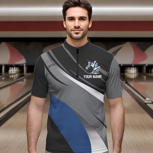 Personalized Black, Gray and Blue Bowling Shirts For Men, Bowling Balls And Pins Bowling Team Shirts NQS9784