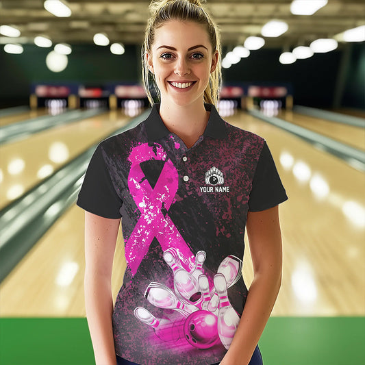 Personalized Pink Ribbons Grunge Bowling Shirts For Women, Custom breast cancer bowling Team shirts NQS9613