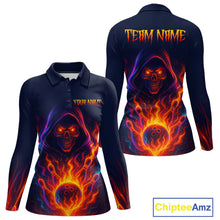 Load image into Gallery viewer, Custom Orange Flame Skull Bowling Shirts for Women Custom Team Bowling Shirts, gift for bowlers NQS10522