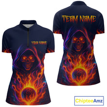 Load image into Gallery viewer, Custom Orange Flame Skull Bowling Shirts for Women Custom Team Bowling Shirts, gift for bowlers NQS10522