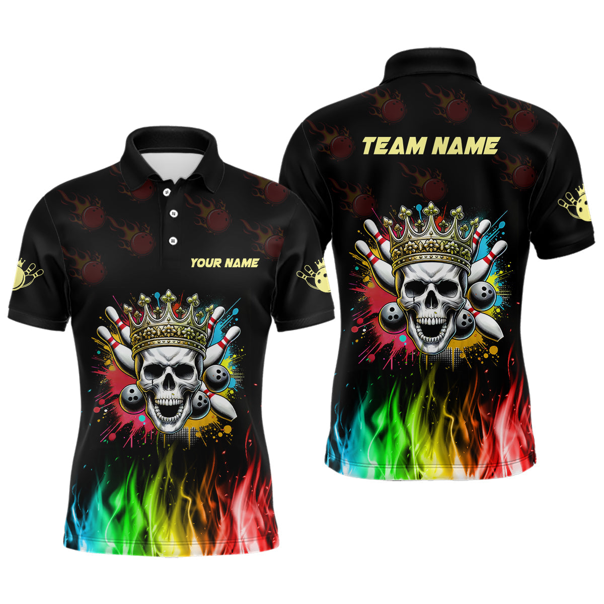 Colorful Flame Skull Bowling Polo, Quarter Zip Shirt For Men Custom Bowling Team League Jerseys NQS8402