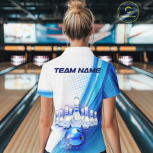 Load image into Gallery viewer, Custom Blue and White Bowling Women's Polo, Quarter Zip Shirts, Bowlers Outfit NQS10607