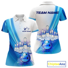 Load image into Gallery viewer, Custom Blue and White Bowling Women's Polo, Quarter Zip Shirts, Bowlers Outfit NQS10607