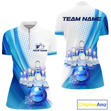 Load image into Gallery viewer, Custom Blue and White Bowling Women's Polo, Quarter Zip Shirts, Bowlers Outfit NQS10607