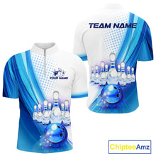 Load image into Gallery viewer, Custom Blue and White Bowling Mens Polo, Quarter Zip Shirts, Bowlers Outfit NQS10607