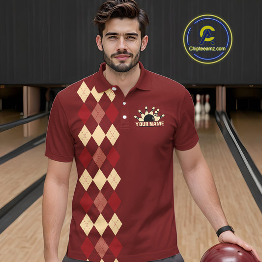 Red argyle pattern Bowling polo, 1/4 zip shirt for Men custom vintage bowling shirt, gift for bowlers NQS10255