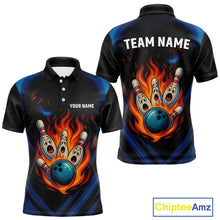 Load image into Gallery viewer, Blue and Black Flame Bowling shirts for Men custom funny bowling ball and pins team bowler jerseys NQS10260