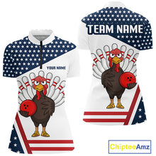 Load image into Gallery viewer, American Flag Funny Turkey Bowling Polo, 1/4 Zip shirt for Women custom patriotic bowling team jersey NQS10272