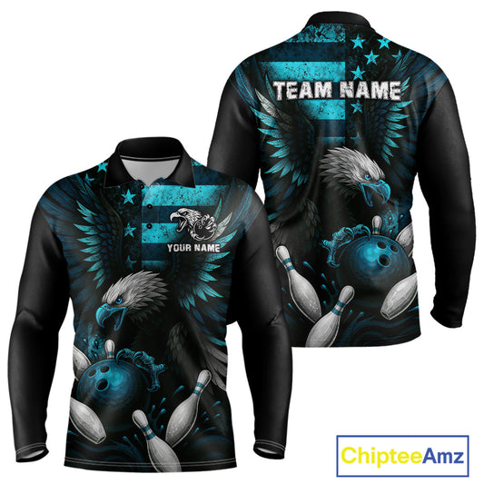 Custom Turquoise Vintage Us Flag Patriotic Eagle Bowling Shirt For Men, Retro Bowling Team Jerseys NQS10477