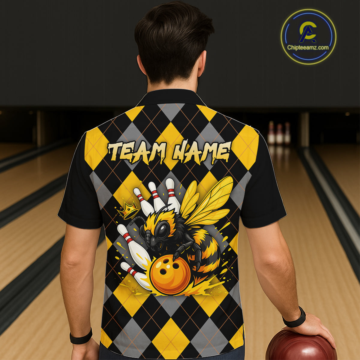 Black and Yellow argyle pattern Honey Bee Bowling Hawaiian shirts Custom Team bowling jerseys NQS11250
