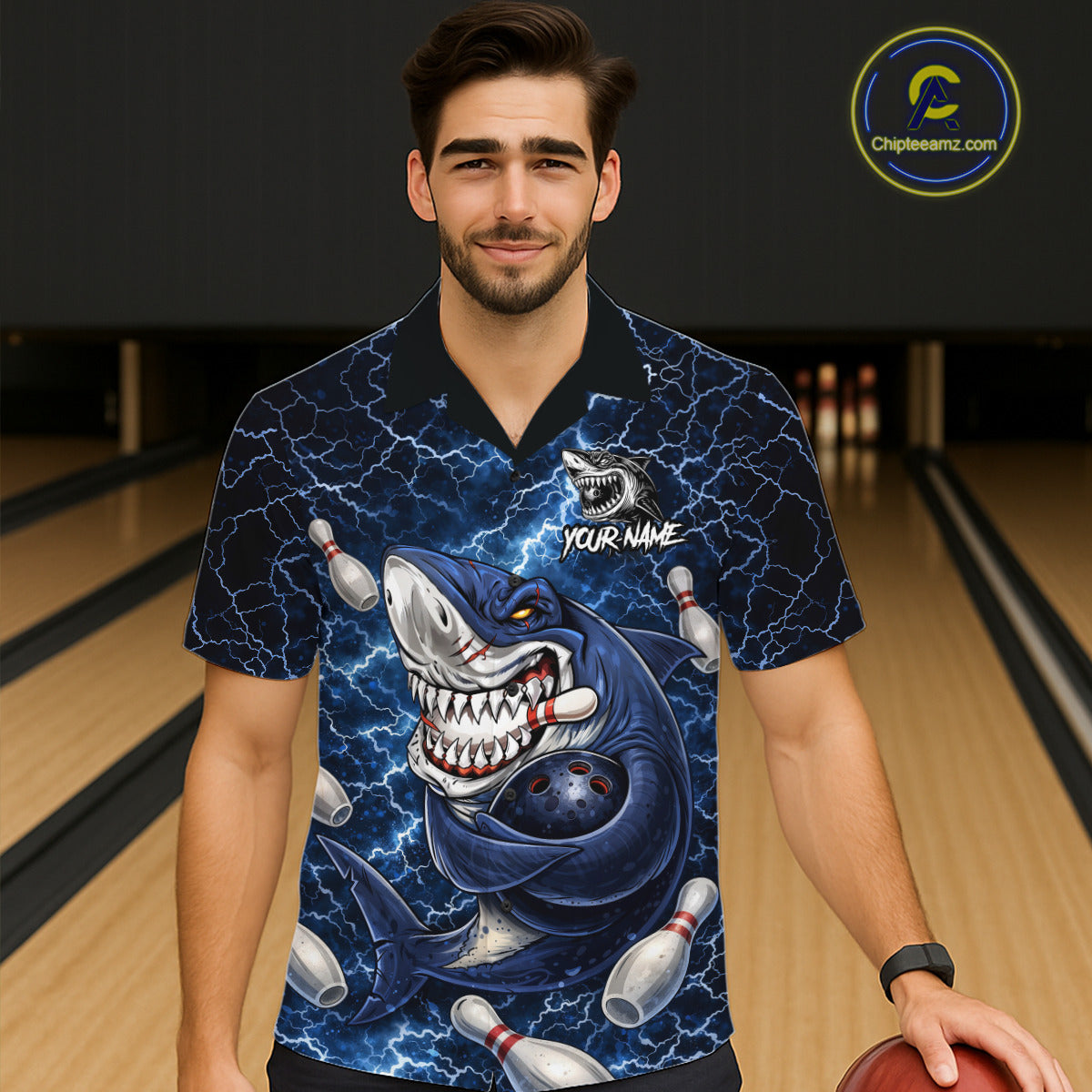 Blue Lightning Thunder Angry Shark Bowling button-up shirts Custom Shark Hawaiian Bowling Team Jersey NQS11539