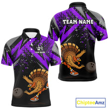 Load image into Gallery viewer, Custom Funny Turkey Bowling Jersey Black and Purple Thanksgiving Bowling Team Men Polo, 1/4 Zip Shirt NQS10901