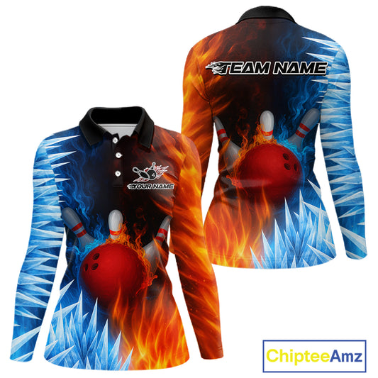 Fire and Ice Pattern Bowling Polo, Quarter Zip Shirts For Women Custom Flame Team Bowling Jerseys NQS11184