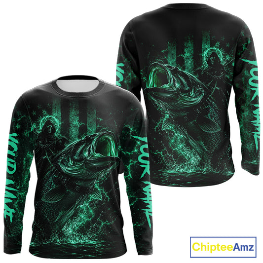 Back view of turquoise bass fishing shirt made from breathable polyester with UPF 30+ sun protection.