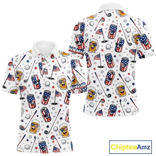 Custom Patriotic Mens Golf Polo Shirt With Beer Print – Personalized USA Golf Team Polo
