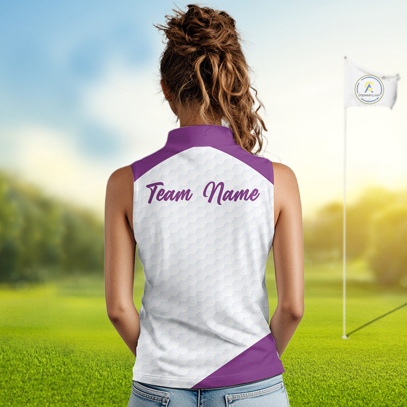 Custom Purple Geometric Womens Sleeveless Golf Polo Shirt, Personalized Team Name Golf Polo Shirt NHT554