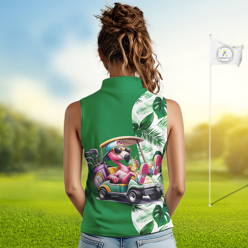 Personalized Tropical Leaf Green Golf Cart Design, Custom Flamingo Funny Womens Sleeveless Golf Polo Shirt NHT596