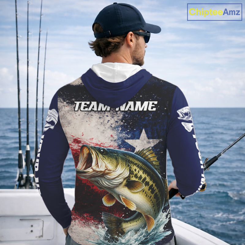 Personalized Bass Custom Texas Flag Performance Fishing Shirts, Bass Hooded Fishing Shirts Long Sleeve For Men NHT607