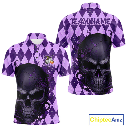 Front and back views of a purple and black argyle polo shirt with a large skull graphic on the front, customizable text on the back, and a ChipteeAmz logo in the bottom right corner.