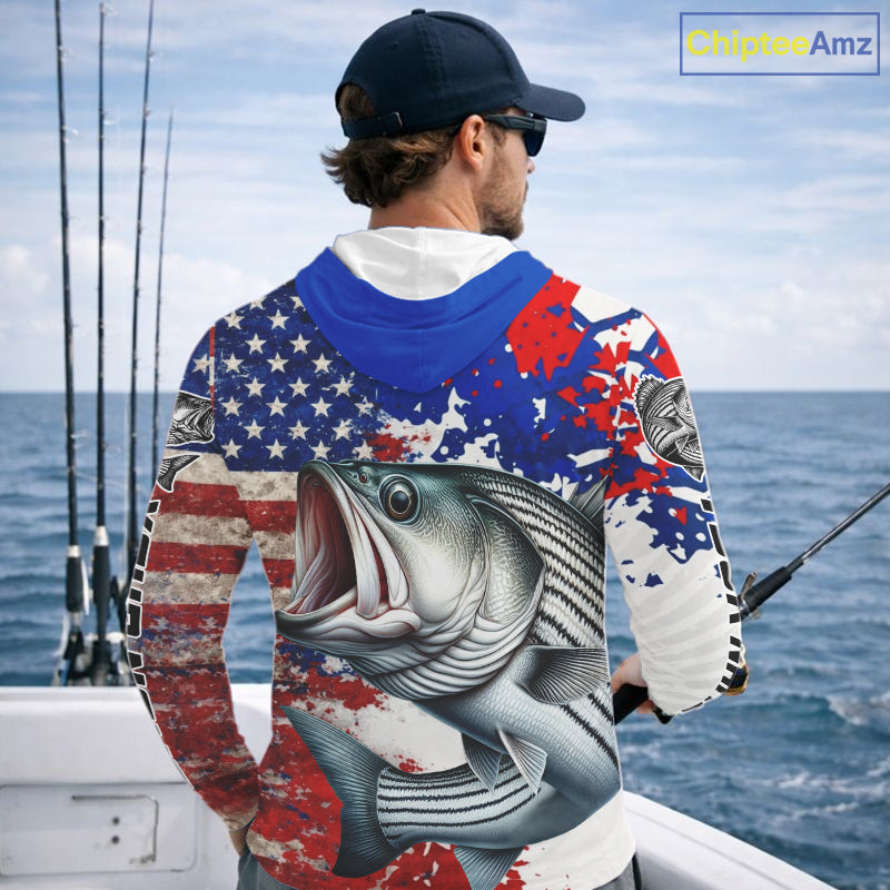 Custom Striped Bass Fishing Saltwater Performance Shirts, Hooded Fishing Shirt For Men NHT498