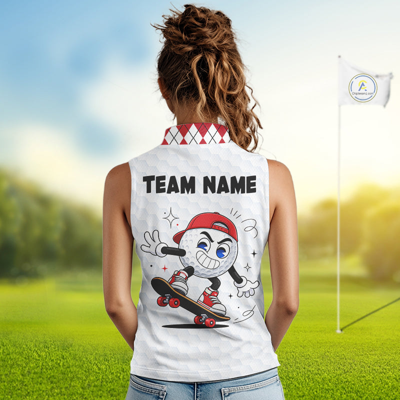 Sleeveless Women Golf Polo Shirt Argyle Pattern Golf Shirts For Womens Funny Golf Ball Shirt Gifts|Red NHT861