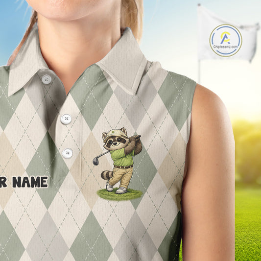 Personalized Raccoon Womens Sleeveless Golf Polo Shirt Funny Golf Argyle Pattern Custom Name Golf Lover Gift
