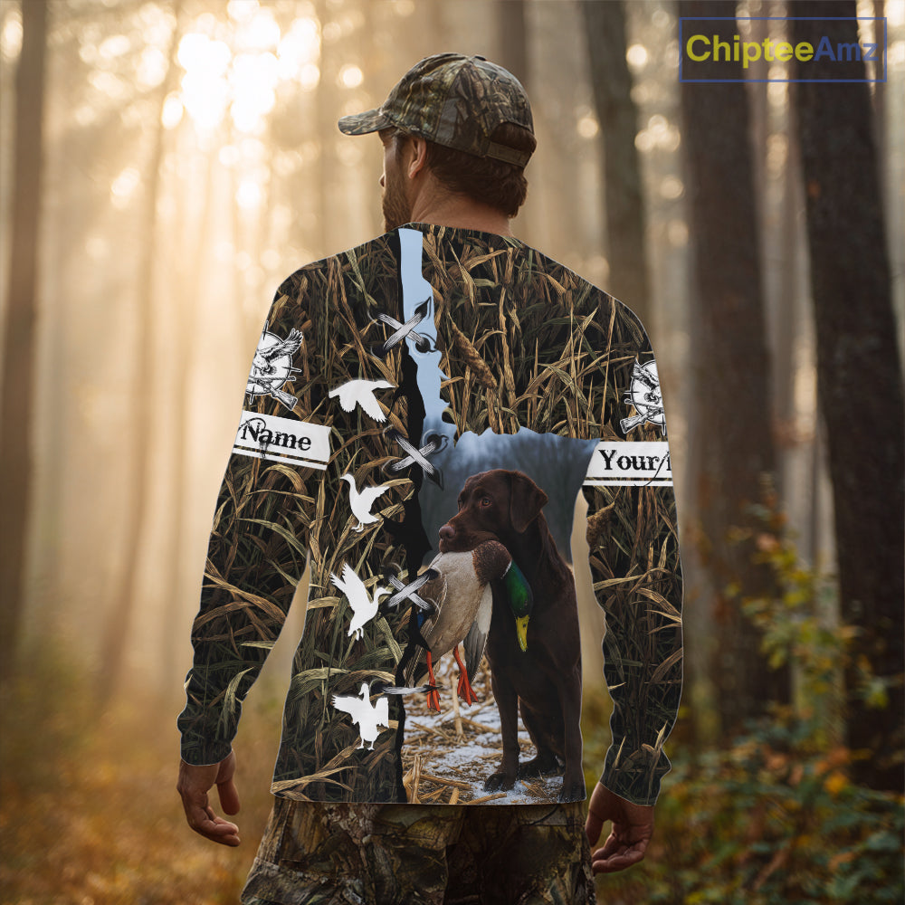 Brown Camo Duck Hunting With Chocolate Lab Dog 3D All Over Printed Shirts, Dog Hunting Clothes NHT143