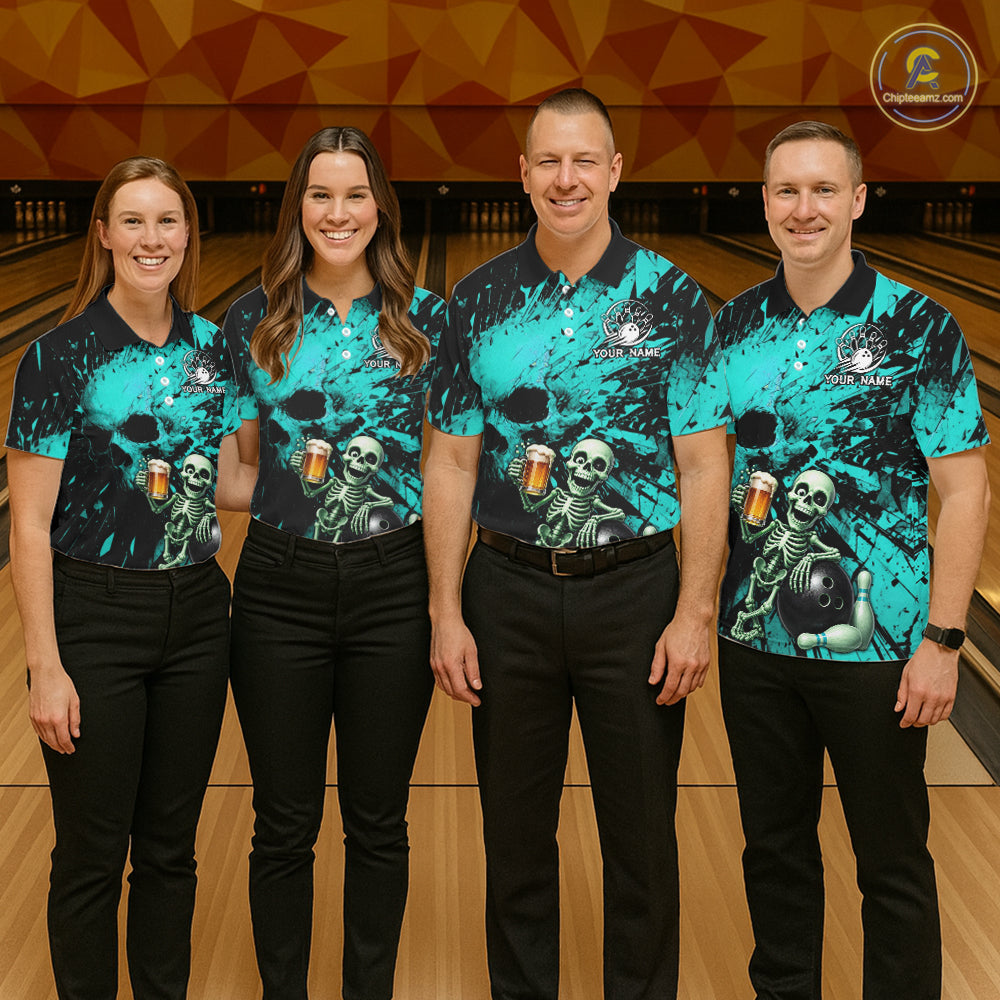 Custom Skeleton Beer Bowling Jersey, Turquoise Splatter Skull Polo & Quarter-Zip Shirt Gift For Women NHT1166