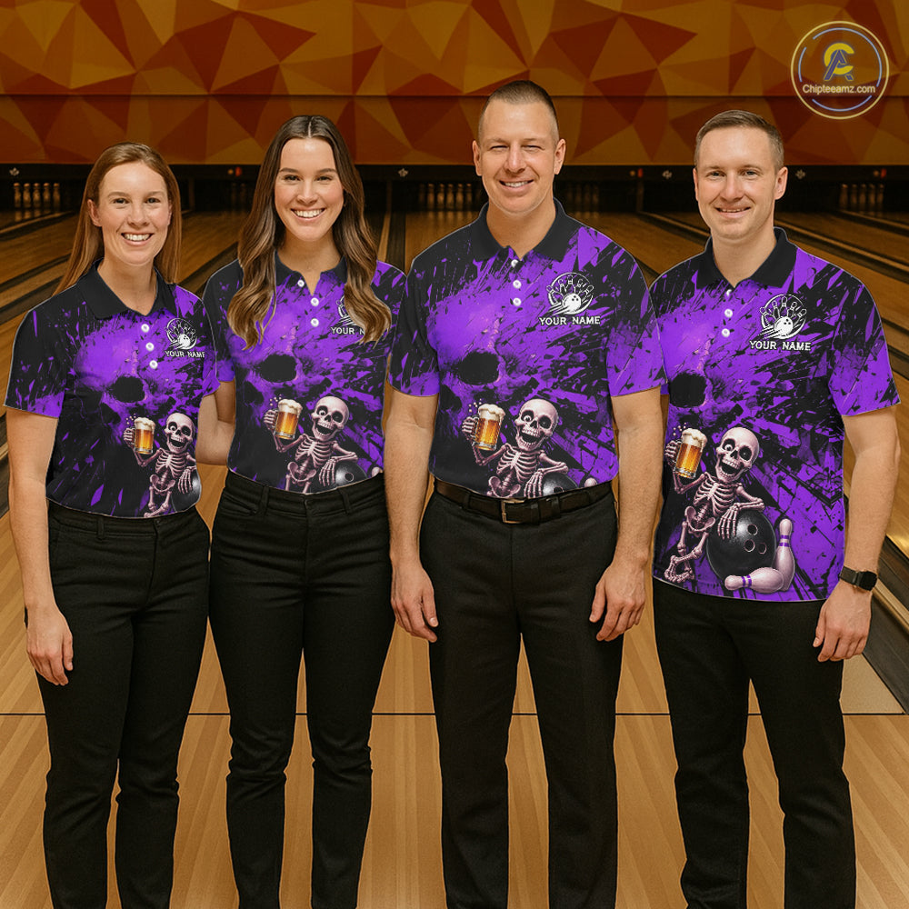 Custom Skeleton Beer Bowling Jersey, Purple Splatter Skull Polo & Quarter-Zip Shirt Gift For Women NHT1168