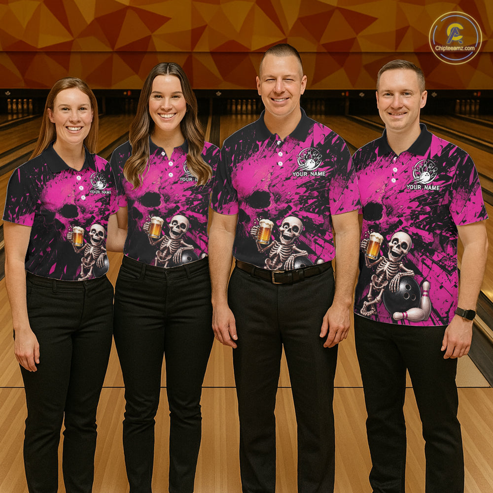 Custom Skeleton Beer Bowling Jersey, Pink Splatter Skull Polo & Quarter-Zip Shirt Gift For Men NHT1169