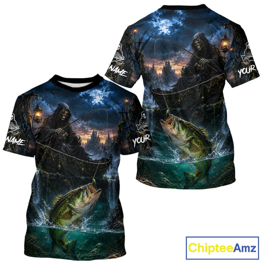 Grim Reaper Fishing Jersey, Largemouth Bass Short Sleeve Fishing T-Shirts UV Performance Shirt For Men