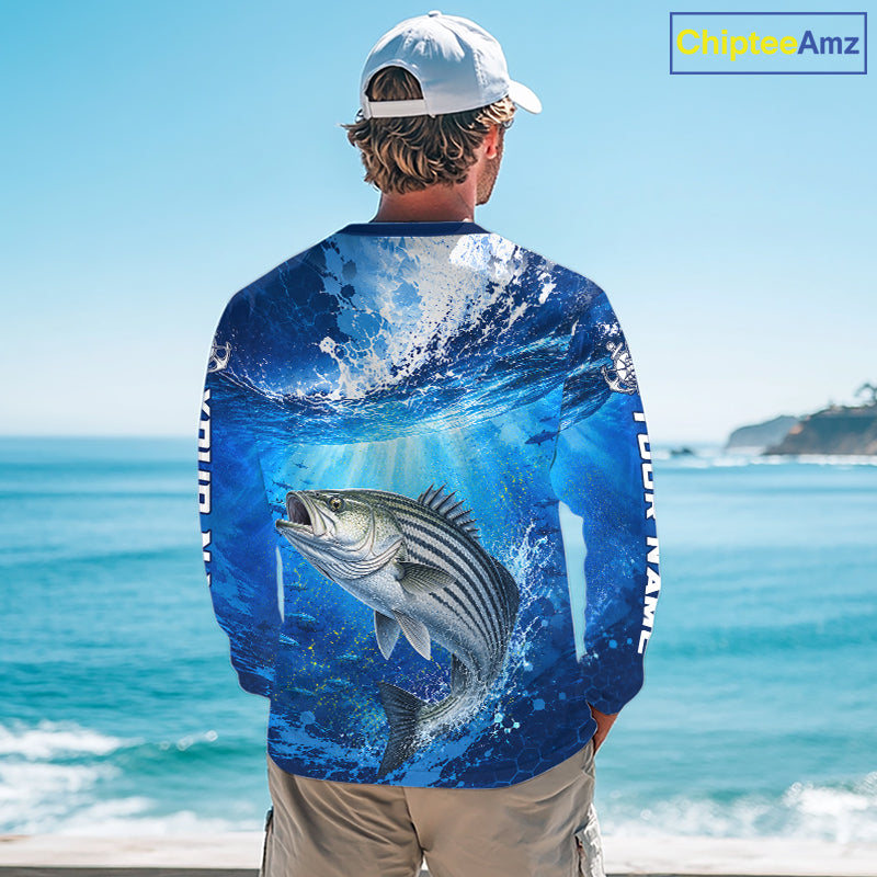Striped Bass Fishing Jersey Ocean Blue 3D All Over Print Long Sleeve Performance Shirt