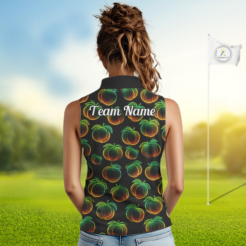 Funny Neon Colorful Peach In Dark Womens Sleeveless Golf Polo Shirt, Funny Fruit Pattern Polo Top NHT578