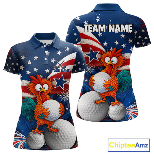 Custom short-sleeve polo shirt shown from the front and back, featuring a patriotic American flag design with white stars, red and white stripes, and a cartoon orange rooster holding golf balls. The front has placeholder text 'YOUR NAME' and 'TEAM NAME' on the back.