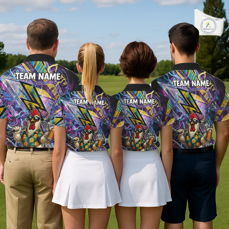 Funny Rooster Women Golf Polo Shirt Custom Name Purple Yellow Golf Team Shirt NHT1256