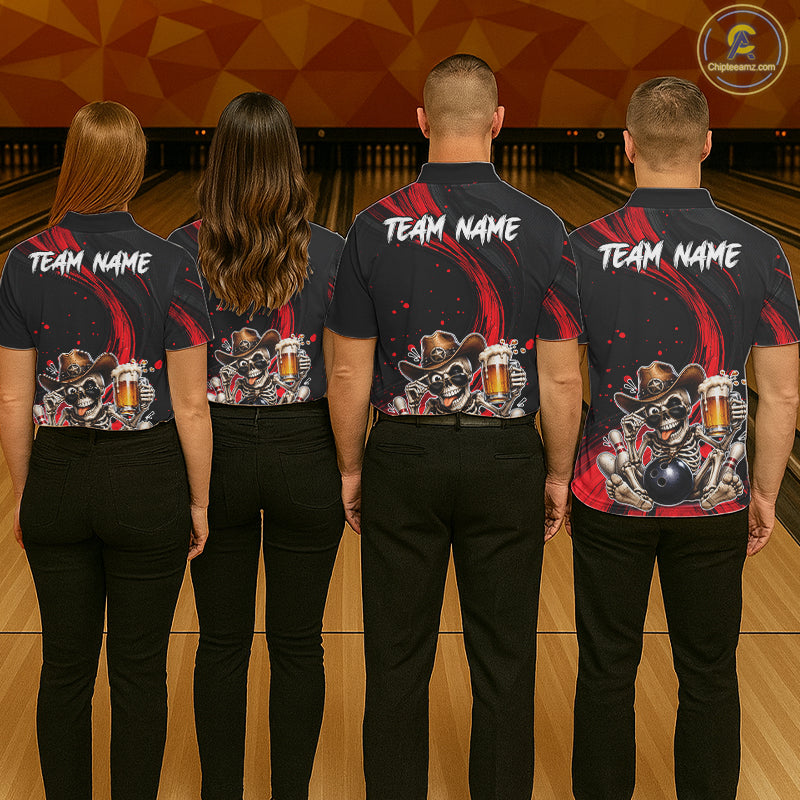 Funny Skeleton Cowboy Bowling Shirt, Personalized Red Color Beer Bowler Polo & Quarter-Zip NHT1161