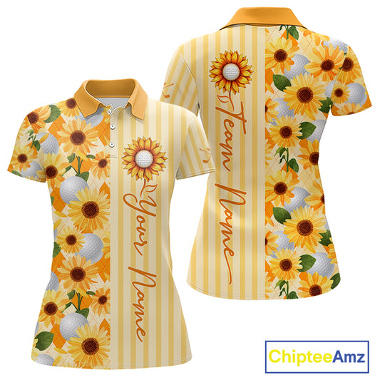 Personalized Sunflower Womens Golf Polo Shirt Custom Name Golf Ball Floral Polo Shirt