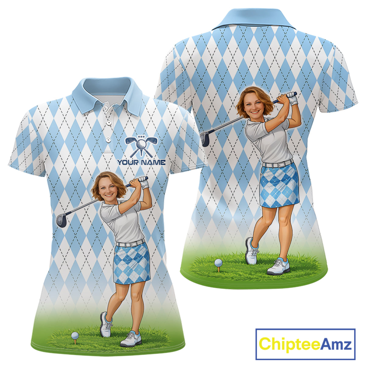 Personalized Argyle Style Funny Womens Golf Polo Shirt – Custom Face Portrait Cartoon Design NHT583