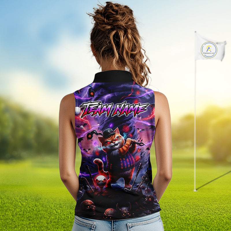 Personalized Sleeveless Women Golf Polo Shirts Angry Cat Golfer Gothic Lightning Theme Team Name Shirt NHT803