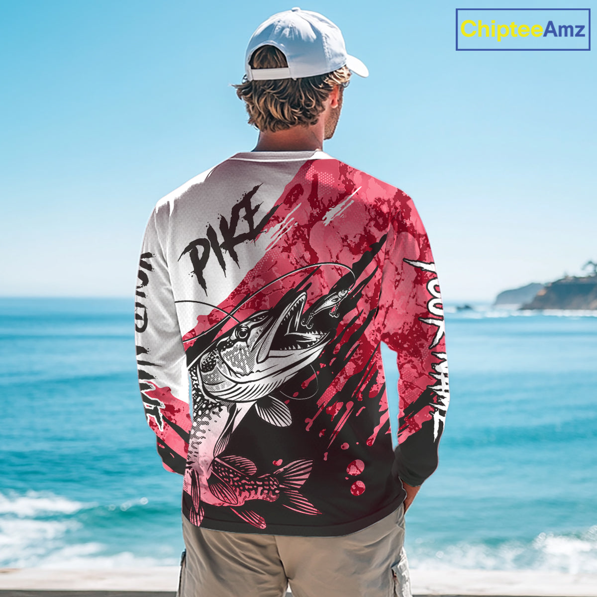 Personalized Red Northern Pike Fishing Jersey, Team Pike Fishing Long Sleeve Tournament Shirt NHT819